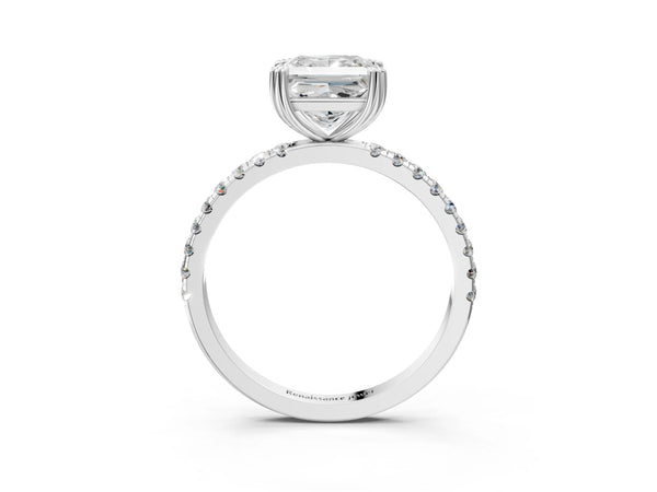 White gold Princess Brilliant Solitaire with Pavé Band and Claw Prong Setting