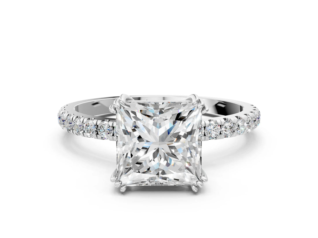 White gold Princess Brilliant Solitaire with Pavé Band and Claw Prong Setting_7