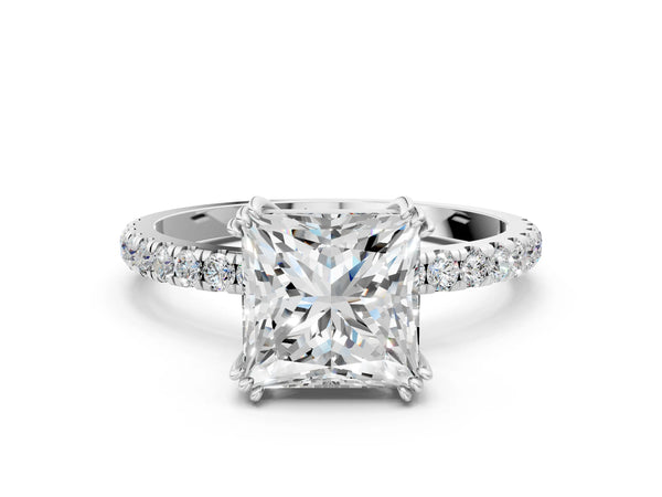 White gold Princess Brilliant Solitaire with Pavé Band and Claw Prong Setting