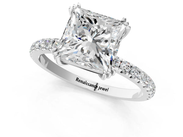 White gold Princess Brilliant Solitaire with Pavé Band and Claw Prong Setting