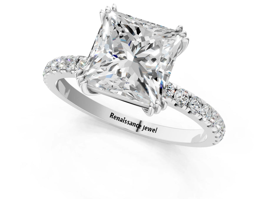 White gold Princess Brilliant Solitaire with Pavé Band and Claw Prong Setting