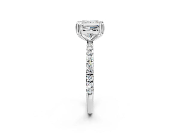 White gold Princess Brilliant Solitaire with Pavé Band and Claw Prong Setting