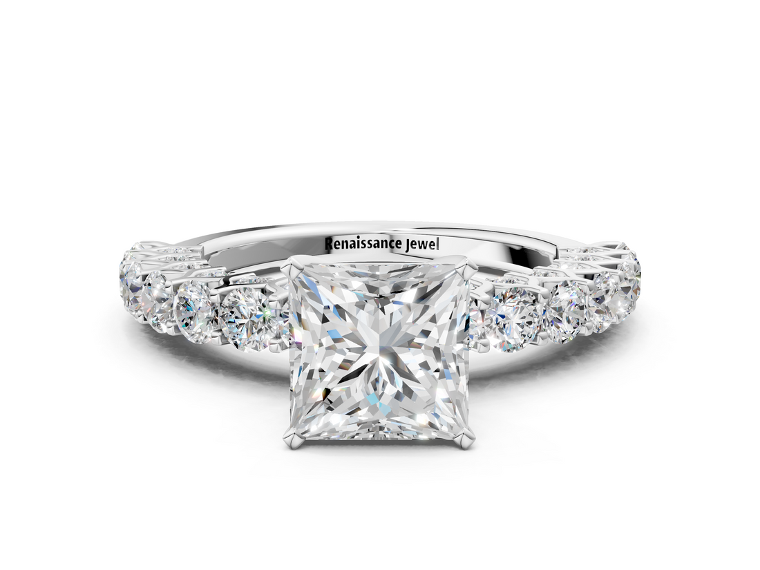 White gold Princess Brilliant Solitaire with Pavé Band and Four-Prong Setting_108