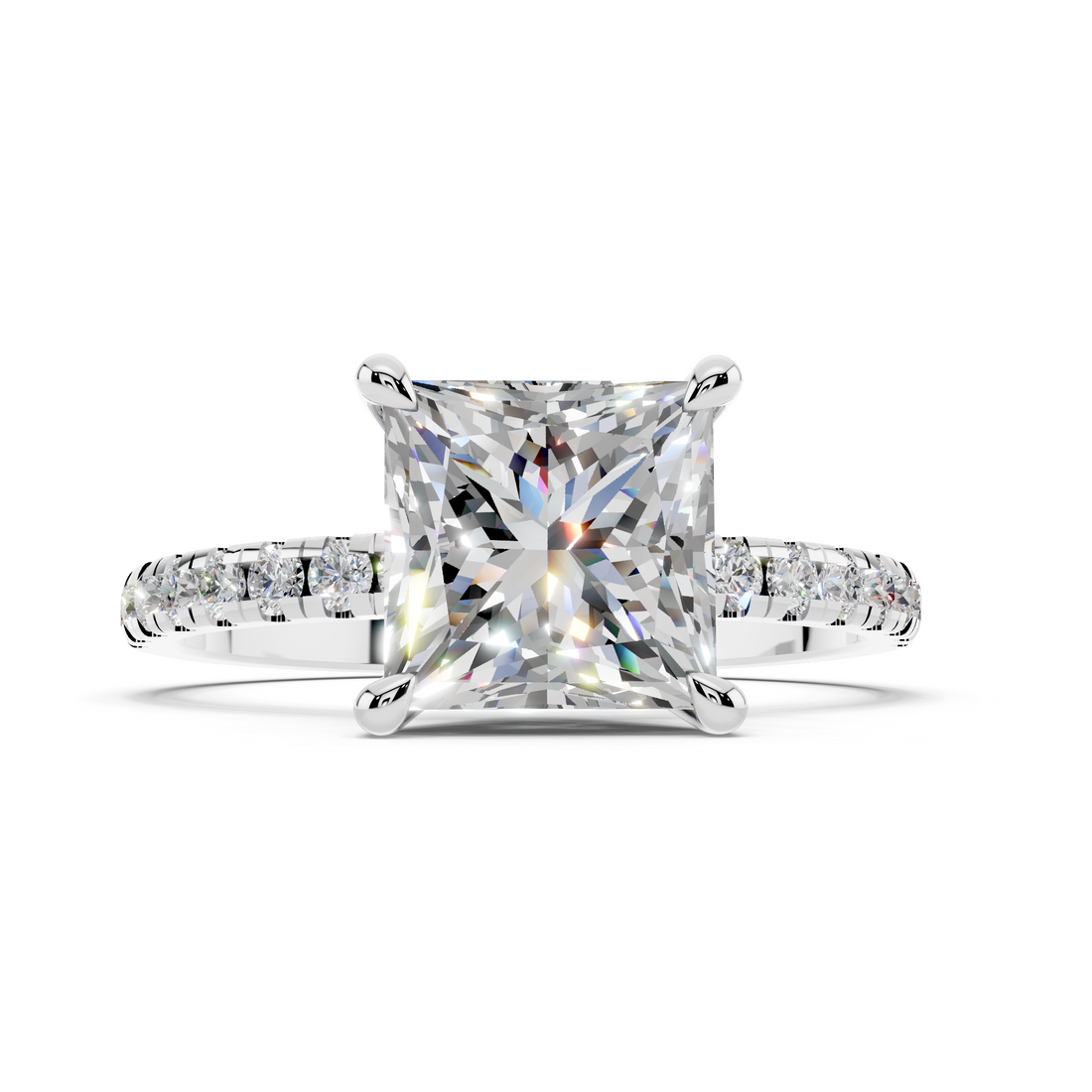 10K White Gold 2.02 Carat D VS1 Princess Diamond Brilliant Solitaire Ring with Pavé Band and Four-Prong Setting