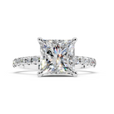 10K White Gold 2.02 Carat D VS1 Princess Diamond Brilliant Solitaire Ring with Pavé Band and Four-Prong Setting