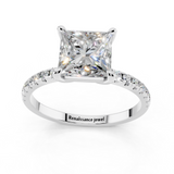 10K White Gold 2.02 Carat D VS1 Princess Diamond Brilliant Solitaire Ring with Pavé Band and Four-Prong Setting