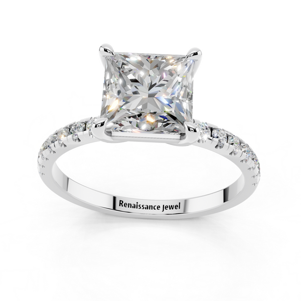 10K White Gold 2.02 Carat D VS1 Princess Diamond Brilliant Solitaire Ring with Pavé Band and Four-Prong Setting