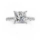 10K White Gold 2.02 Carat D VS1 Princess Diamond Brilliant Solitaire Ring with Pavé Band and Four-Prong Setting