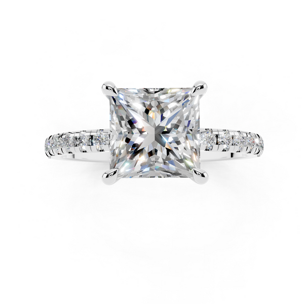 10K White Gold 2.02 Carat D VS1 Princess Diamond Brilliant Solitaire Ring with Pavé Band and Four-Prong Setting