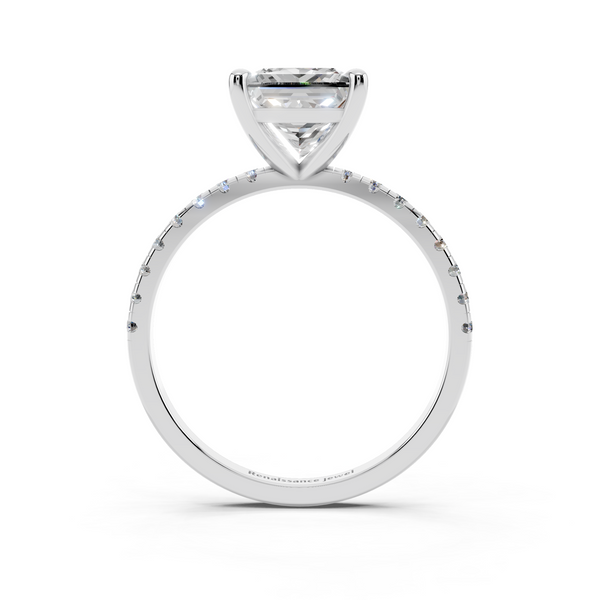 10K White Gold 2.02 Carat D VS1 Princess Diamond Brilliant Solitaire Ring with Pavé Band and Four-Prong Setting