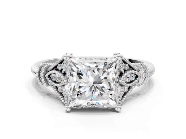 White gold Princess Diamond Solitaire Ring with Floral Filigree and Pave Accents