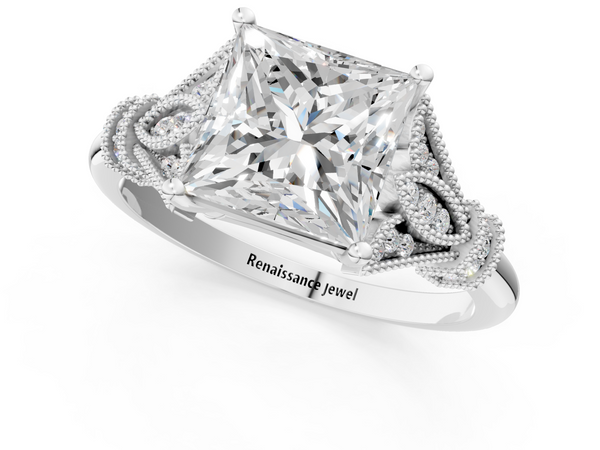 White gold Princess Diamond Solitaire Ring with Floral Filigree and Pave Accents