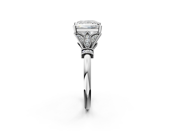White gold Princess Diamond Solitaire Ring with Floral Filigree and Pave Accents