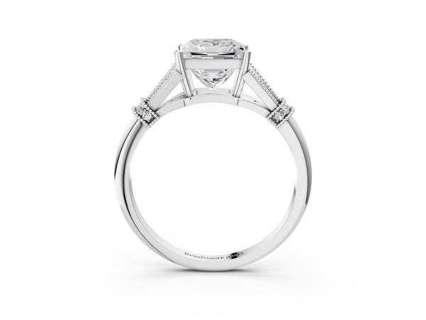 White gold Princess Diamond Solitaire Ring with Floral Filigree and Pave Accents