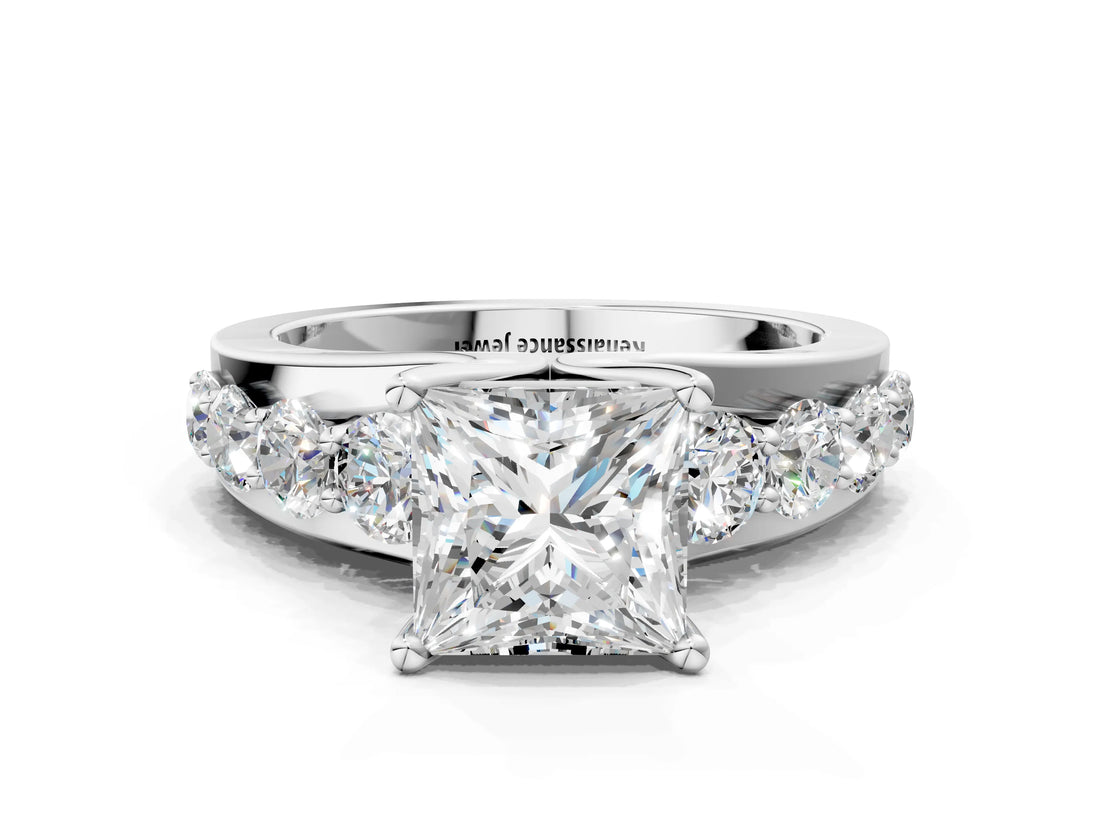 White gold Princess Brilliant Solitaire with Side Stones on a Pave Band and Four-Prong Setting_71