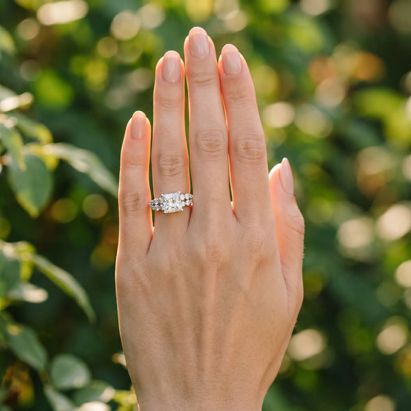 White gold Princess Cluster Diamond Engagement Ring with Pavé Band and Four-Prong Setting