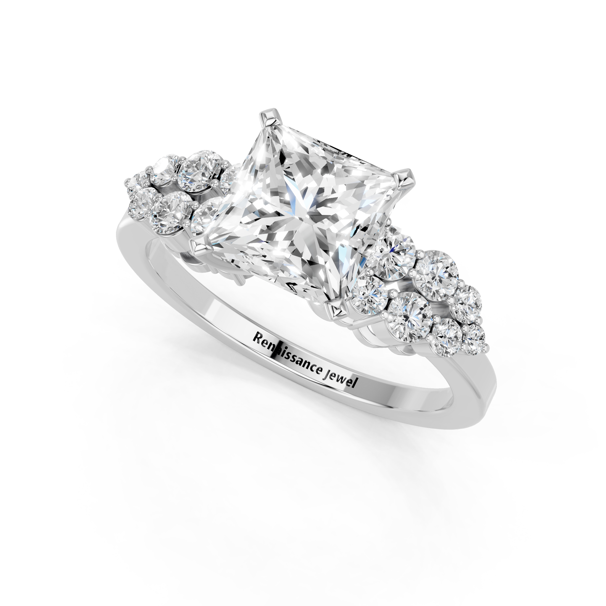 White gold Princess Cluster Diamond Engagement Ring with Pavé Band and Four-Prong Setting_22