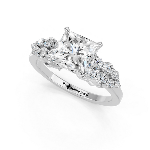 White gold Princess Cluster Diamond Engagement Ring with Pavé Band and Four-Prong Setting_22