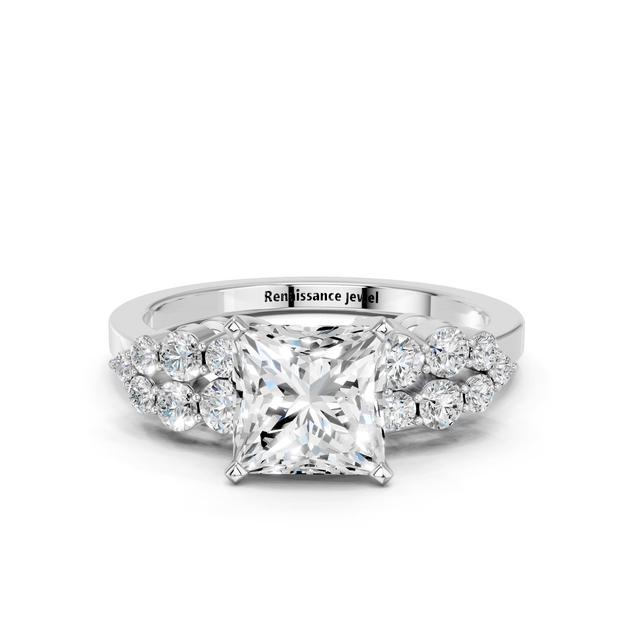 White gold Princess Cluster Diamond Engagement Ring with Pavé Band and Four-Prong Setting_30