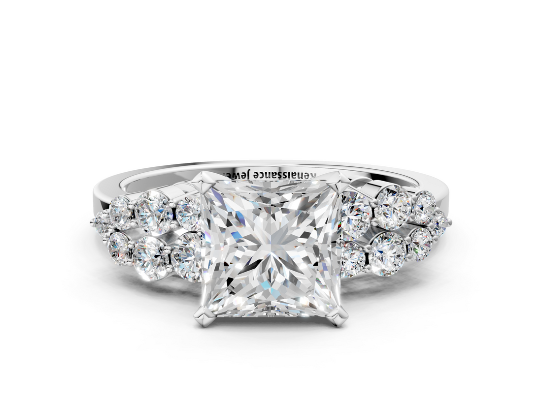 White gold Princess Cluster Diamond Engagement Ring with Pavé Band and Four-Prong Setting_51