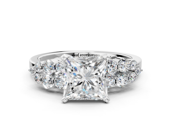 White gold Princess Cluster Diamond Engagement Ring with Pavé Band and Four-Prong Setting