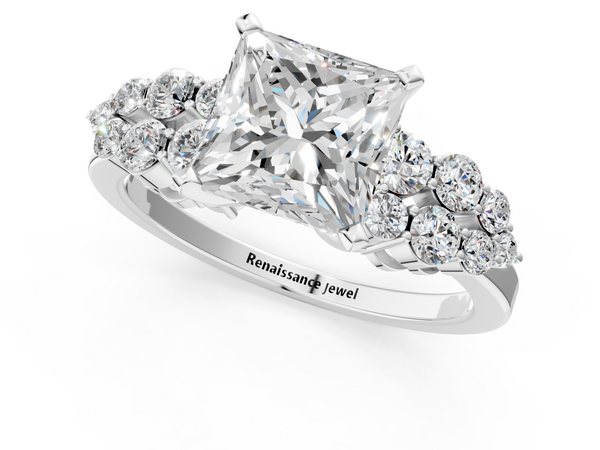 White gold Princess Cluster Diamond Engagement Ring with Pavé Band and Four-Prong Setting