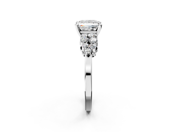 White gold Princess Cluster Diamond Engagement Ring with Pavé Band and Four-Prong Setting