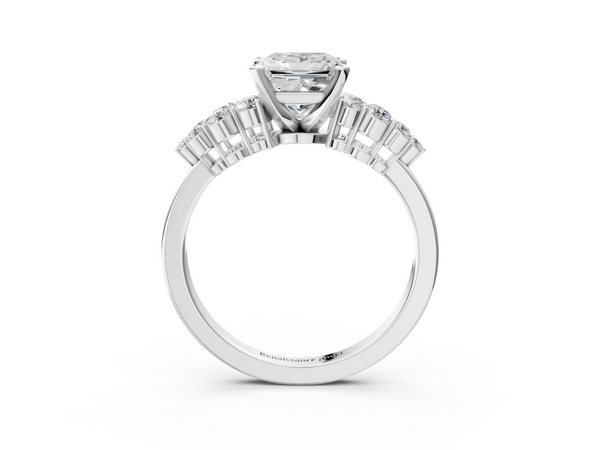 White gold Princess Cluster Diamond Engagement Ring with Pavé Band and Four-Prong Setting