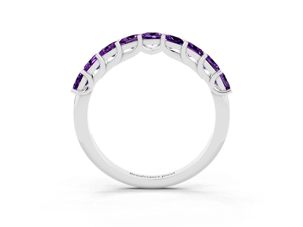 White Gold Princess Cut Amethyst Half Eternity Band with Shared Corner Prongs