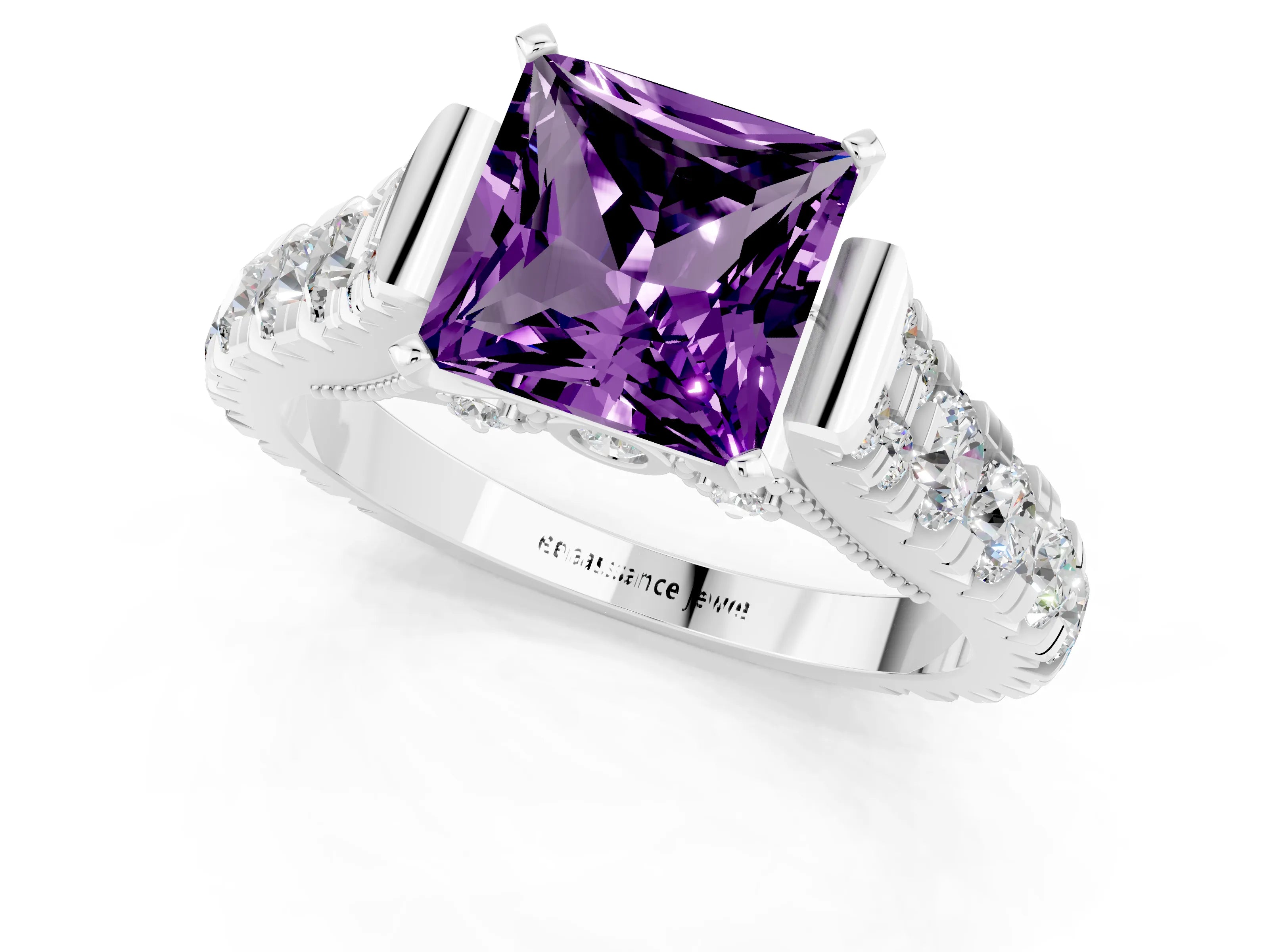 White gold Princess Cut Amethyst Classic Solitaire Ring with Pavé Band and Four-Prong Setting_1