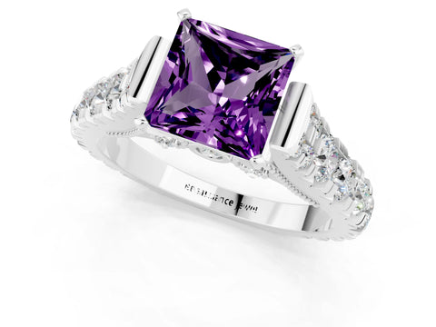White gold Princess Cut Amethyst Classic Solitaire Ring with Pavé Band and Four-Prong Setting_1