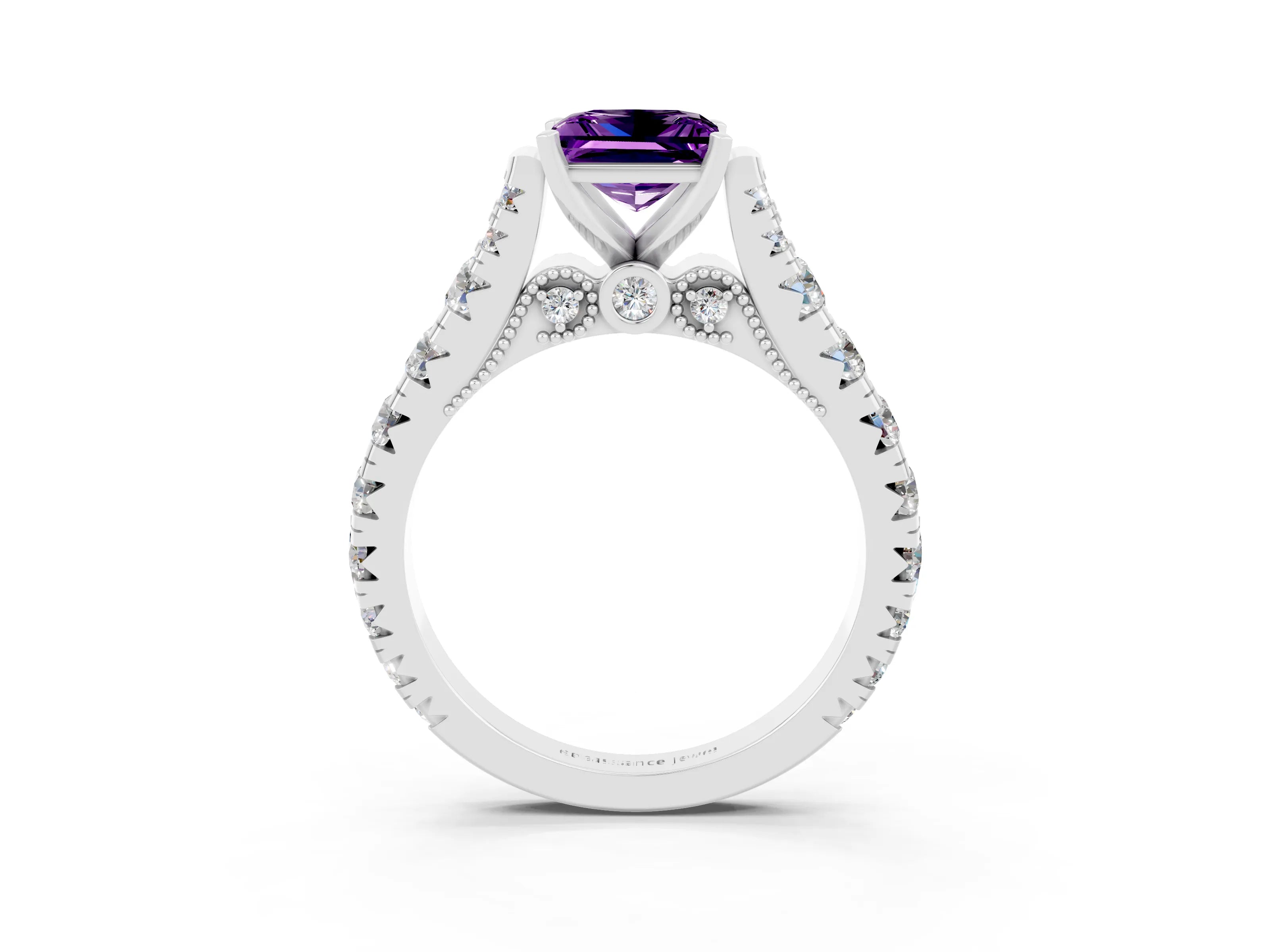 White gold Princess Cut Amethyst Classic Solitaire Ring with Pavé Band and Four-Prong Setting_3