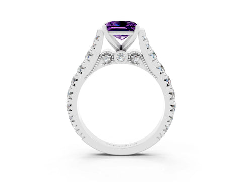 White gold Princess Cut Amethyst Classic Solitaire Ring with Pavé Band and Four-Prong Setting_3