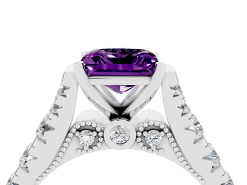 White gold Princess Cut Amethyst Classic Solitaire Ring with Pavé Band and Four-Prong Setting_4