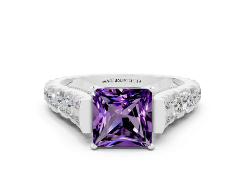 White gold Princess Cut Amethyst Classic Solitaire Ring with Pavé Band and Four-Prong Setting
