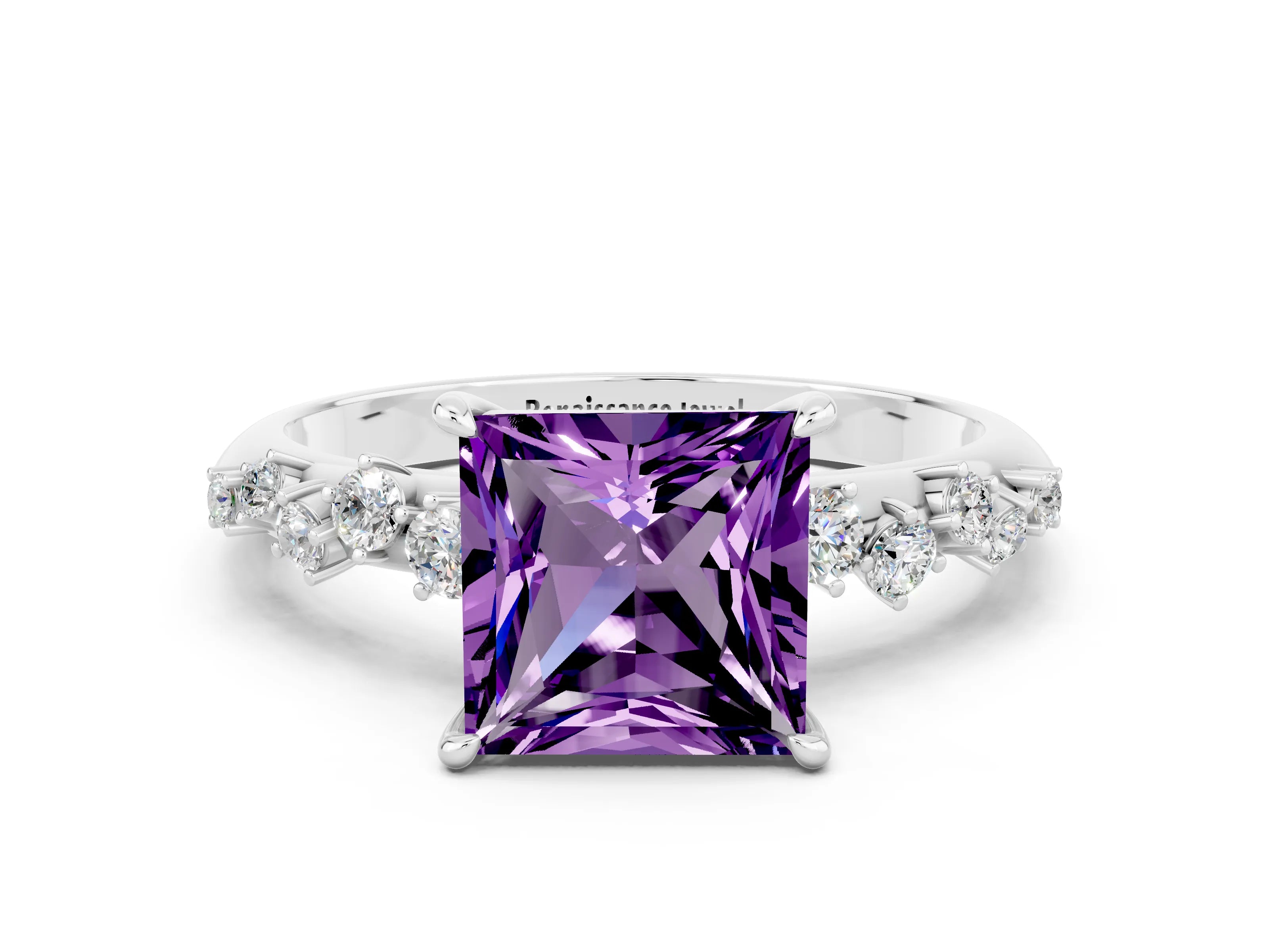 White gold Princess Cut Amethyst Cluster Side Stone Solitaire Ring with Prong Setting_24