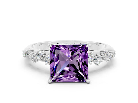 White gold Princess Cut Amethyst Cluster Side Stone Solitaire Ring with Prong Setting_24