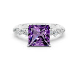 White gold Princess Cut Amethyst Cluster Side Stone Solitaire Ring with Prong Setting_24