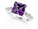 White gold Princess Cut Amethyst Cluster Side Stone Solitaire Ring with Prong Setting_25