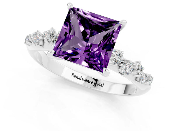 White gold Princess Cut Amethyst Cluster Side Stone Solitaire Ring with Prong Setting