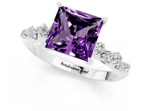 White gold Princess Cut Amethyst Cluster Side Stone Solitaire Ring with Prong Setting_25
