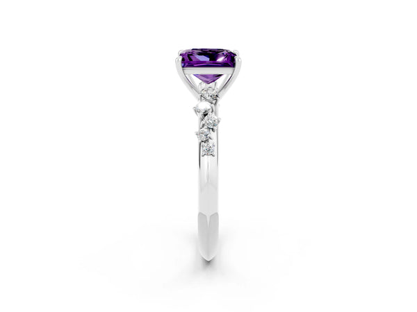 Platinum Princess Cut Amethyst Cluster Side Stone Solitaire Ring with Prong Setting