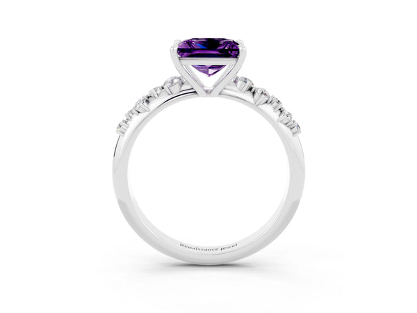 Platinum Princess Cut Amethyst Cluster Side Stone Solitaire Ring with Prong Setting
