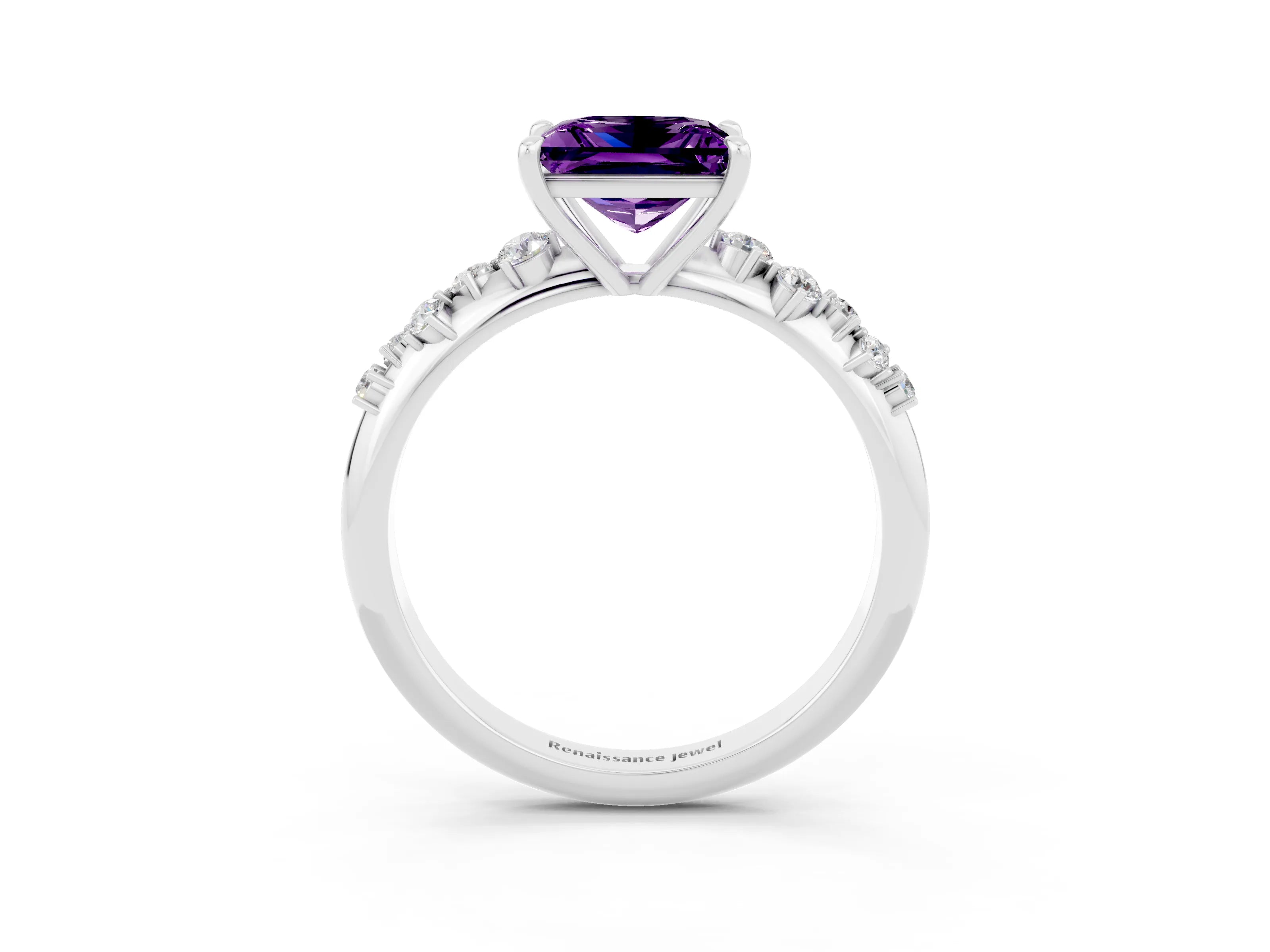 White gold Princess Cut Amethyst Cluster Side Stone Solitaire Ring with Prong Setting_27