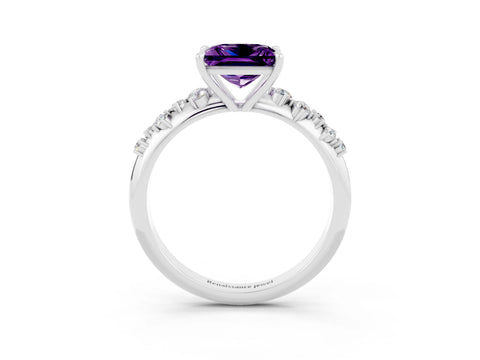 White gold Princess Cut Amethyst Cluster Side Stone Solitaire Ring with Prong Setting_27