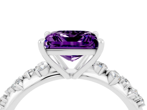 White gold Princess Cut Amethyst Cluster Side Stone Solitaire Ring with Prong Setting_28