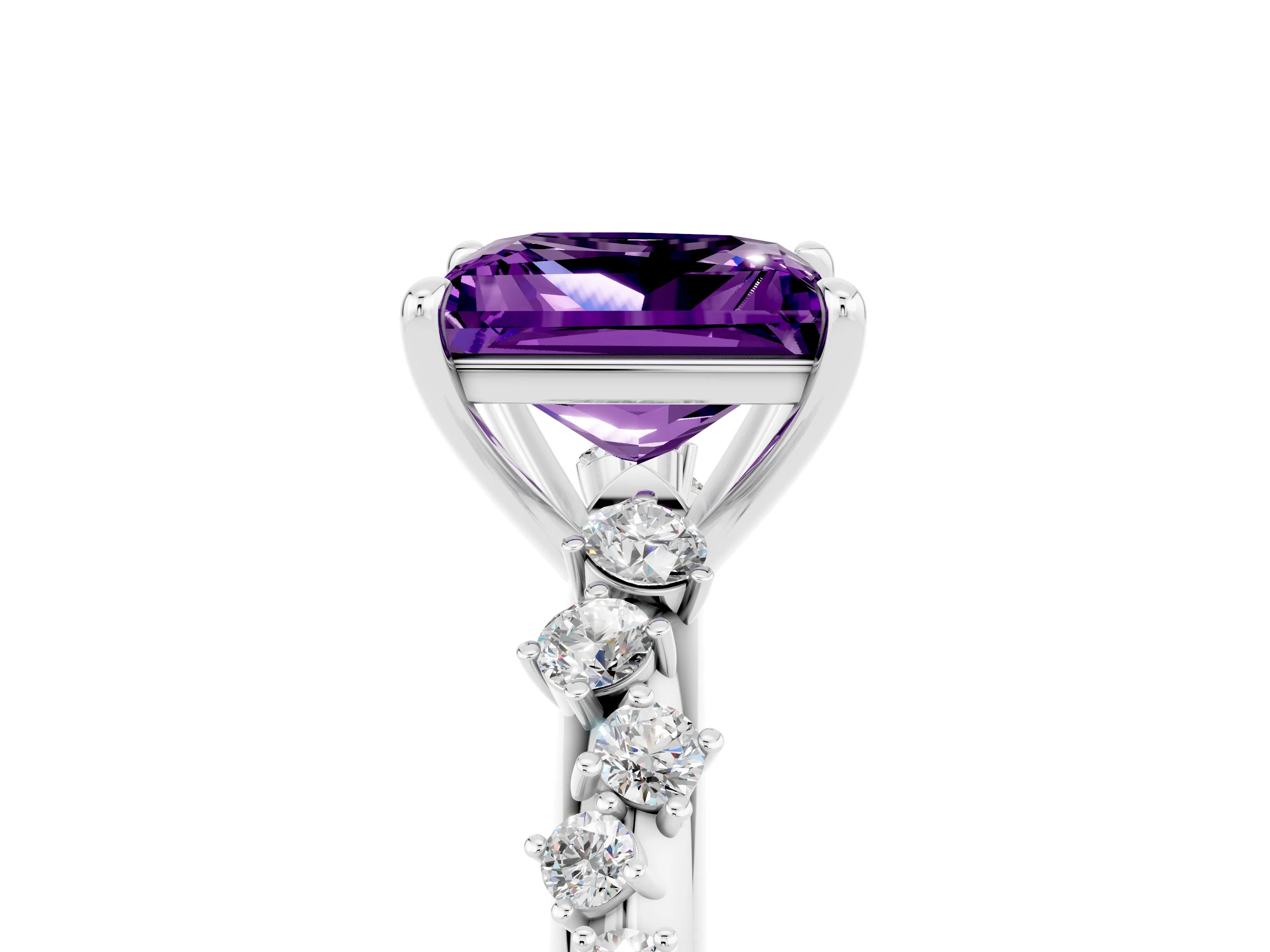 White gold Princess Cut Amethyst Cluster Side Stone Solitaire Ring with Prong Setting_29