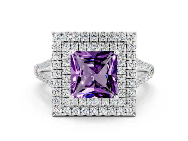 Platinum Princess Cut Amethyst Double Halo Ring with Pavé Band and Prong Setting