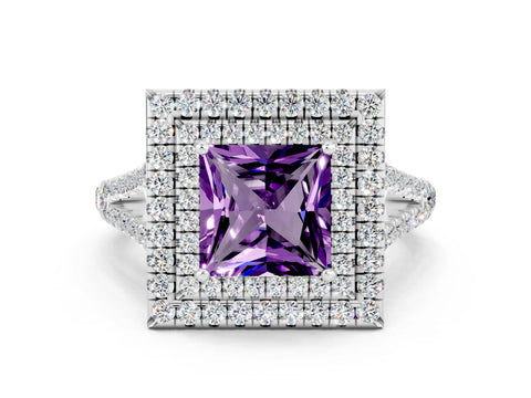 White gold Princess Cut Amethyst Double Halo Ring with Pavé Band and Prong Setting_12