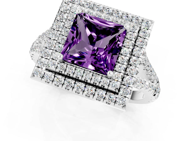 Silver Princess Cut Amethyst Double Halo Ring with Pavé Band and Prong Setting